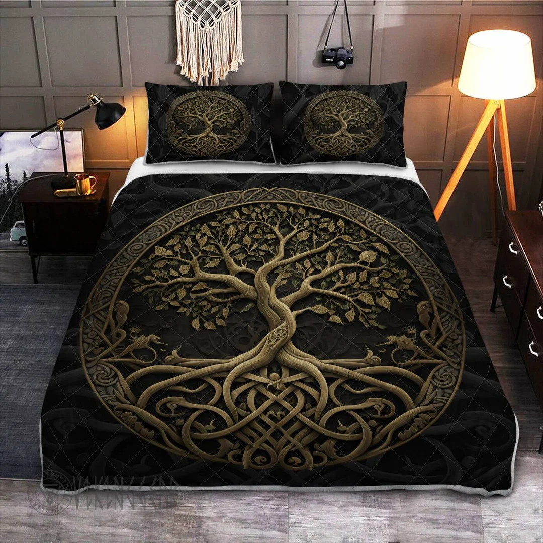 Theonederland - The tree of Life Yggdrasil Celtic ornament in a circle Viking Quilt Set