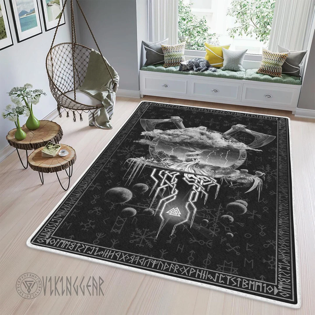 Theonederland - Tree Of Life Yggdrasil And Axe Viking Area Rug