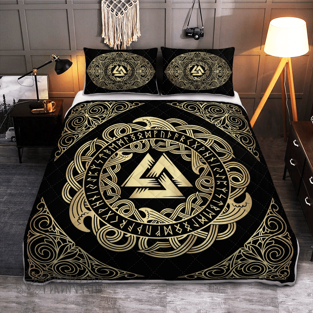 Theonederland - Valknut In Nordic Pattern Golden Color Design Viking Quilt Set