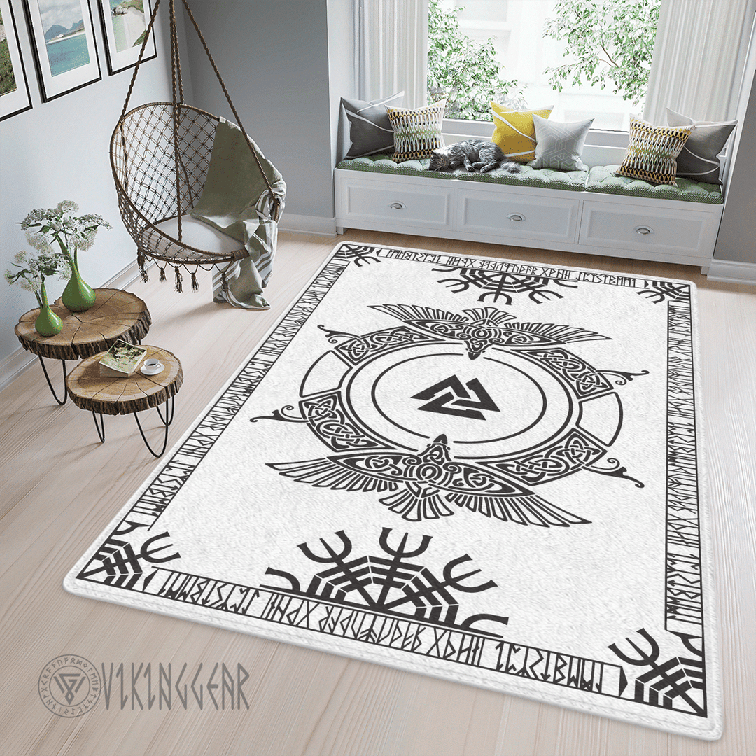 Theonederland - Valknut Symbol And Raven White Viking Area Rug
