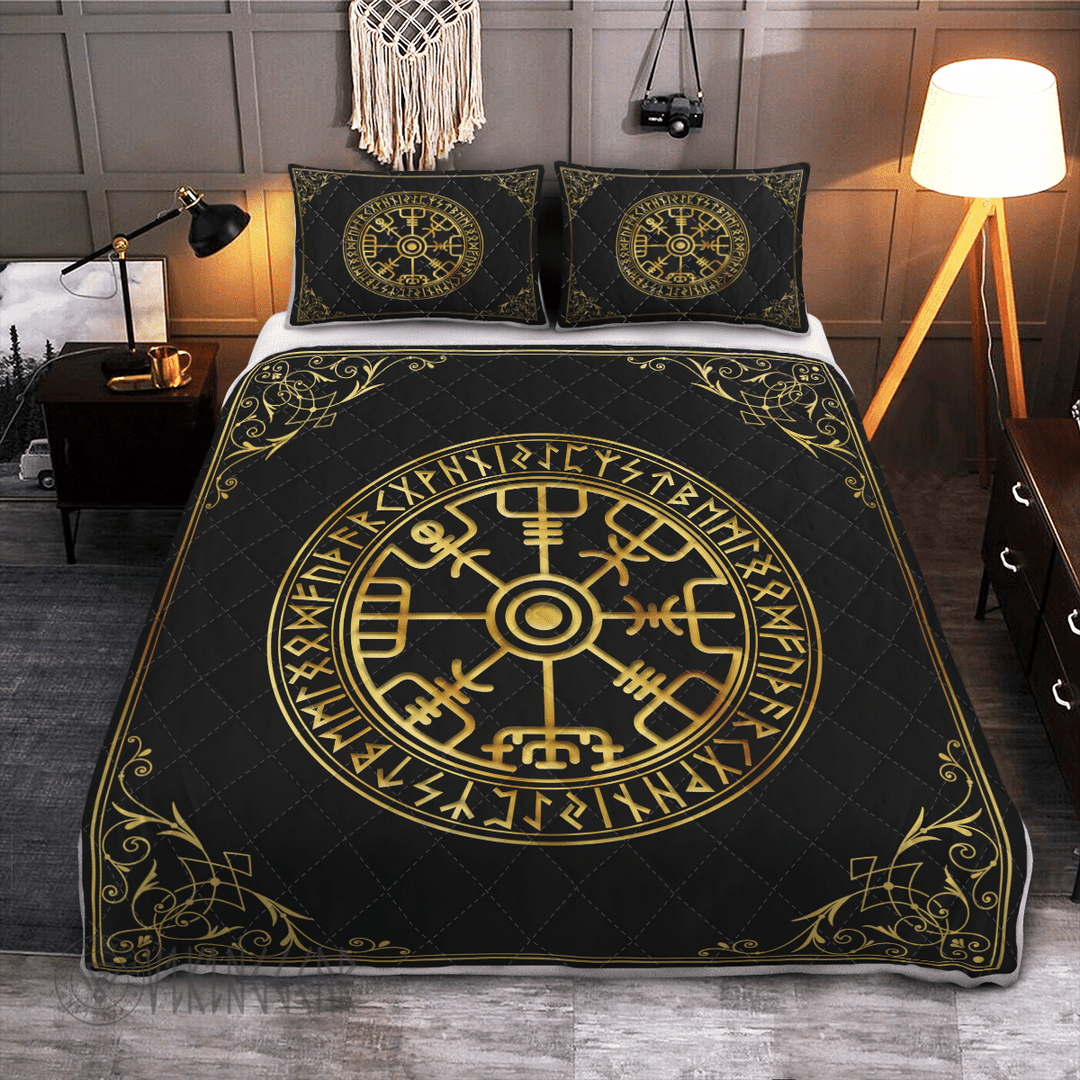 Theonederland - Vegvisir And Rune Golden Color Viking Quilt Set