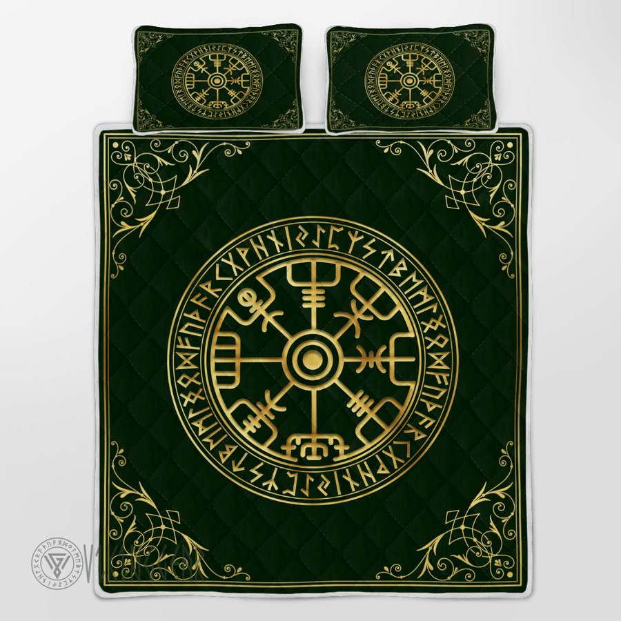 Theonederland - Vegvisir And Rune Golden Design Viking Quilt Set - Image 3