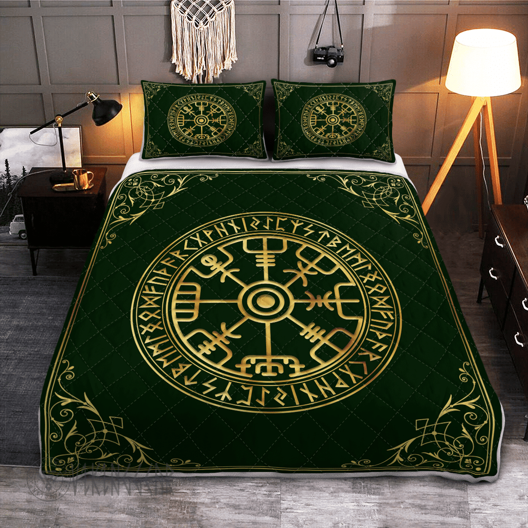 Theonederland - Vegvisir And Rune Golden Design Viking Quilt Set