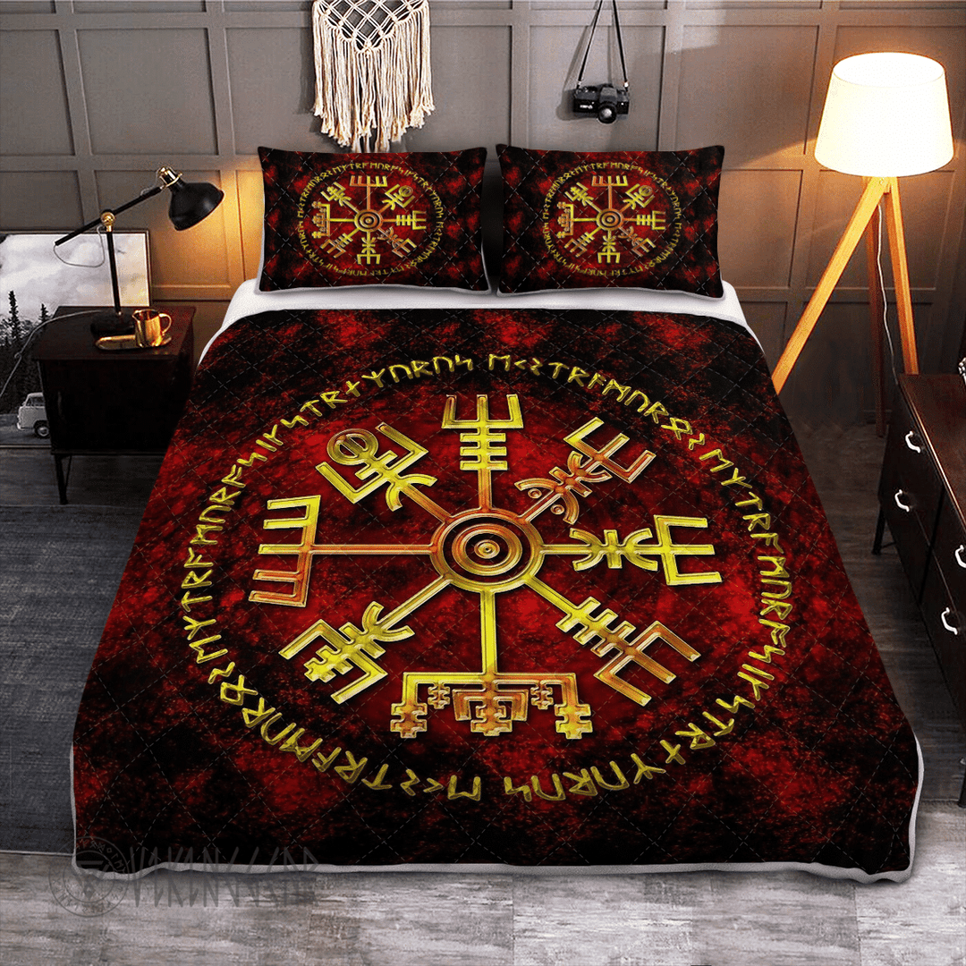 Theonederland - Vegvisir And Rune With Golden Color Viking Quilt Set