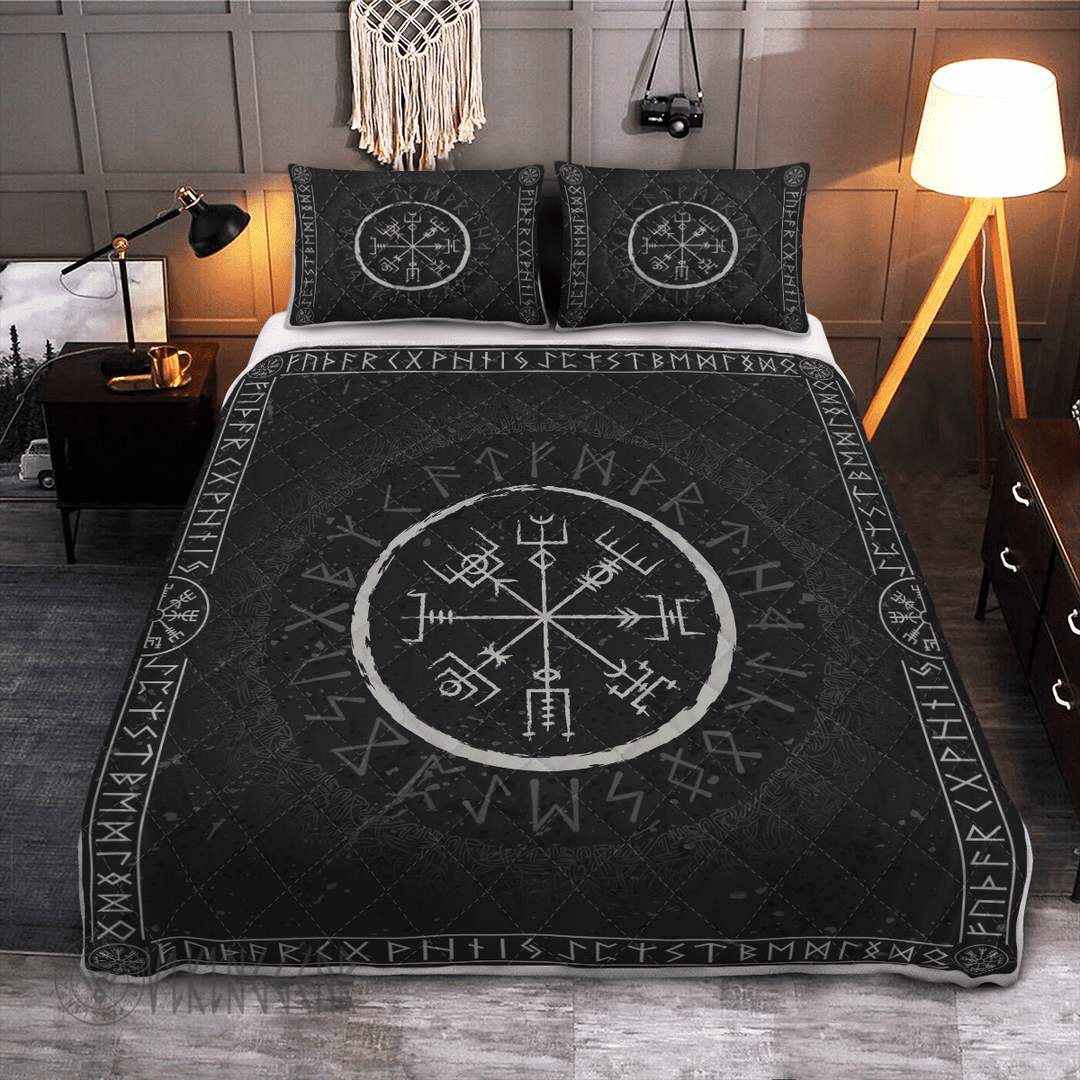Theonederland - Vegvisir And Runic Viking Quilt Set Vintage Style