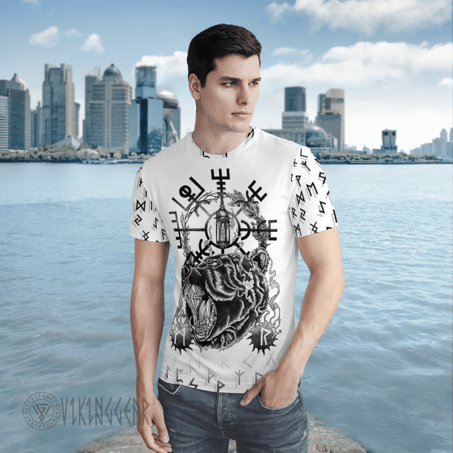 Theonederland - Vegvisir Bear And Odin With Raven Viking T-shirt - Image 2