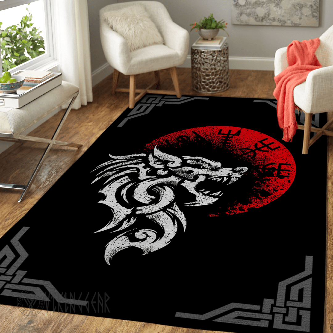 Theonederland - Vegvisir Red Moon And Fenrir Wolf Head Viking Area Rug