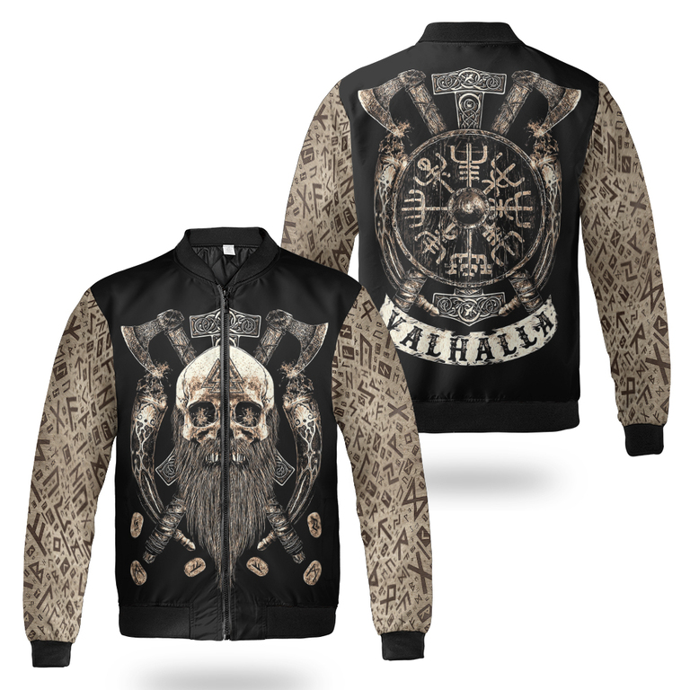Theonederland - Viking Bomber Jacket Beard Skull With Axe Valhalla - Image 3