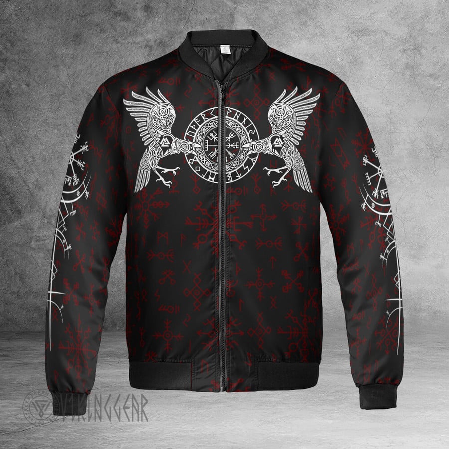 Theonederland - Viking Bomber Jacket Ravens Of Odin And Old Norse Symbols