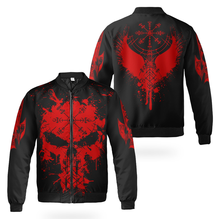 Theonederland - Viking Bomber Jacket Red Skull Vegvisir - Image 3