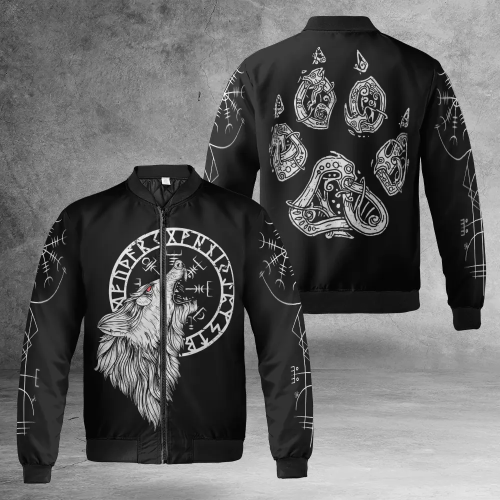 Theonederland - Viking Bomber Jacket Shirt – Wolf Viking Art Fierce Spirit - Image 3