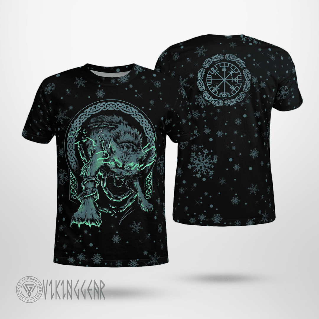 Theonederland - Viking Fenrir Wolf Viking T-Shirt A Design Winter With Snowflakes
