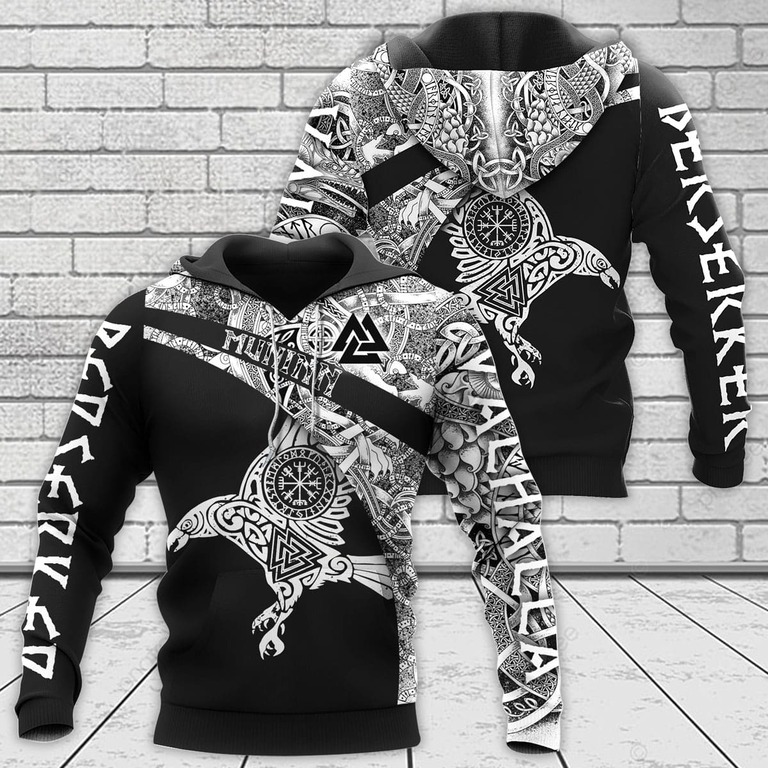Theonederland - Viking Hoodie Muninn And Huginn Raven Art - Image 4