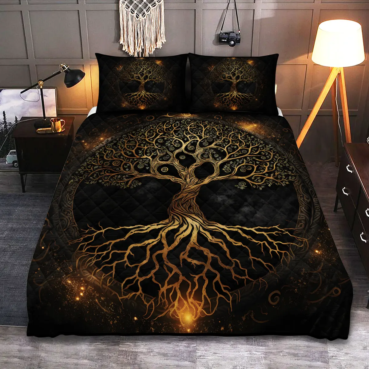 Theonederland - Viking Quilt Bedding Set – Gold Tree of Life Norse Heritage