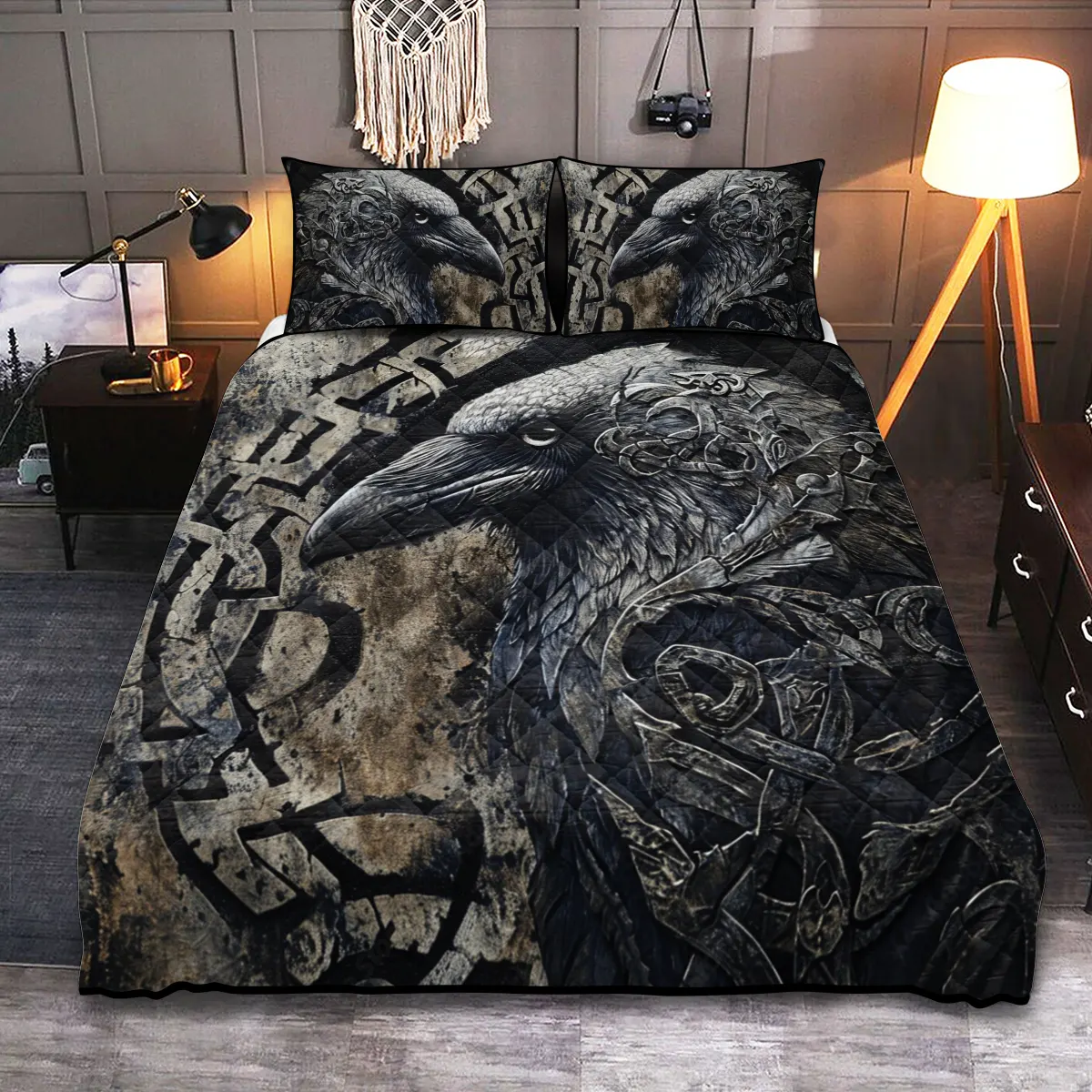 Theonederland - Viking Quilt Bedding Set – Norse Raven Mythic Messenger