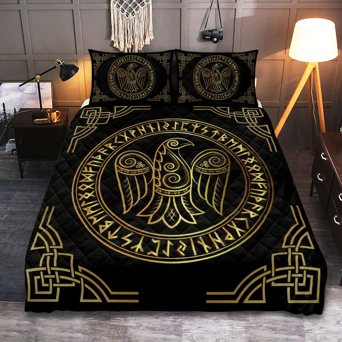 Theonederland - Viking Quilt Bedding Set – Viking Nordic Raven Guardian of Wisdom