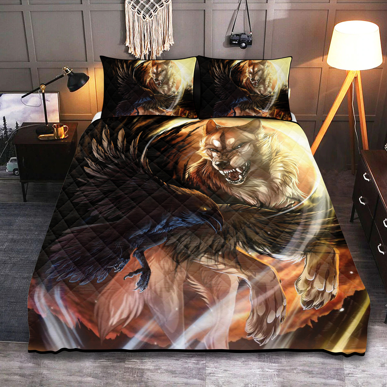 Theonederland - Viking Quilt Set Norse Raven And Wolf