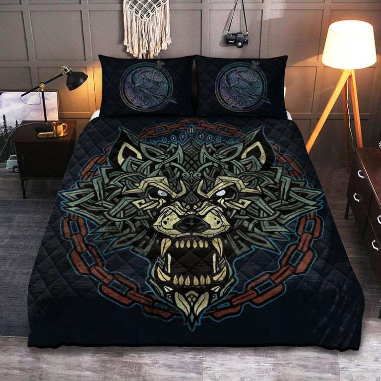 Theonederland - Viking Quilt Set Raven And Celtic Fenrir Wolf