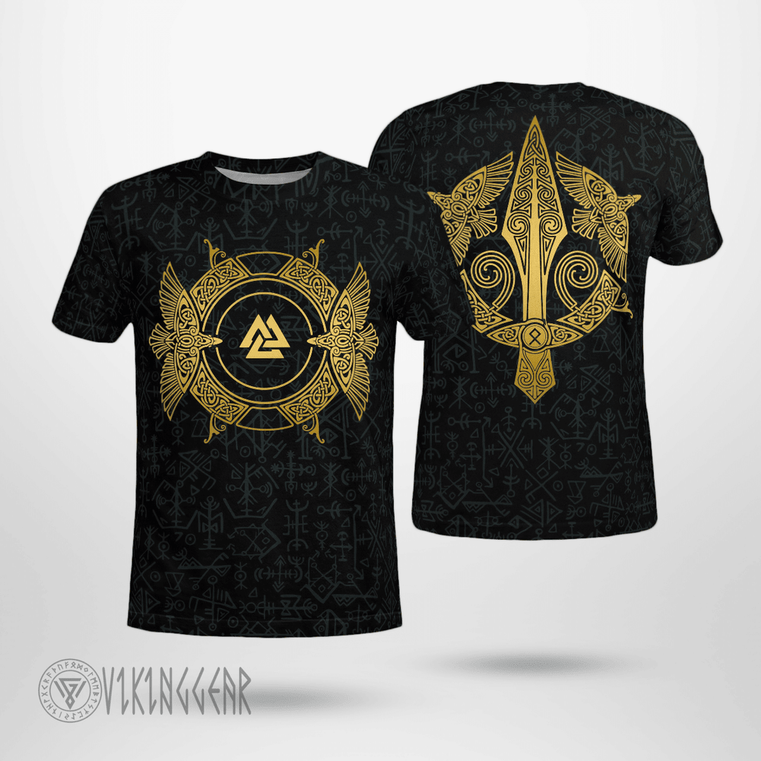 Theonederland - Viking Raven Spear Of Odin Gungnir Viking T-Shirt With Golden Color Design