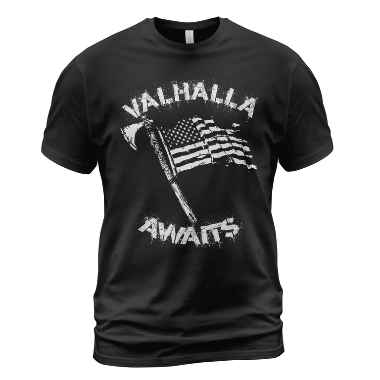 Theonederland - Viking T-shirt Valhalla Awaits Axe Flag