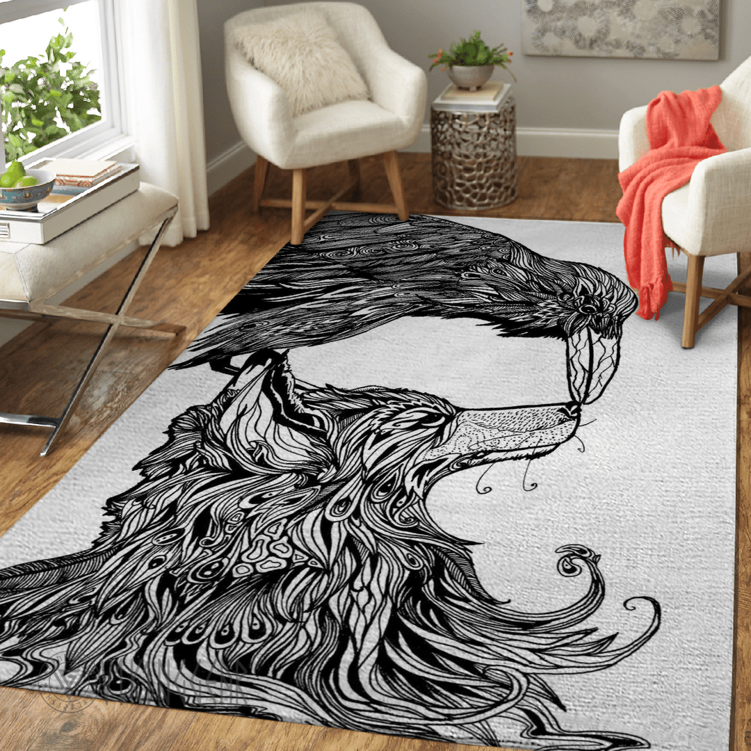 Theonederland - Wolf And Raven Line Art Viking Area Rug