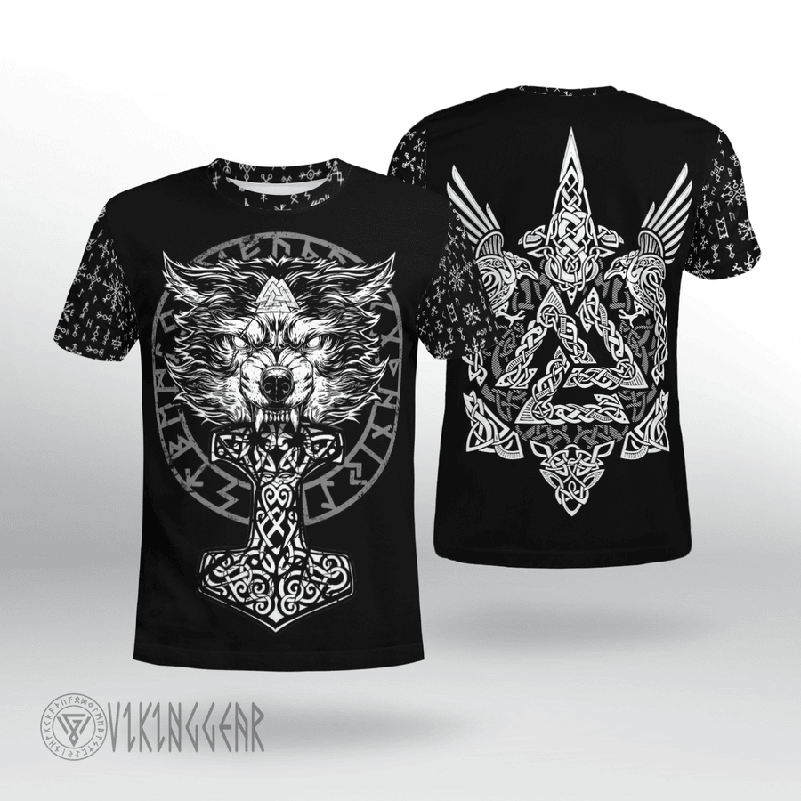 Theonederland - Wolf Hammer Raven Valknut Spear - Viking T-shirt