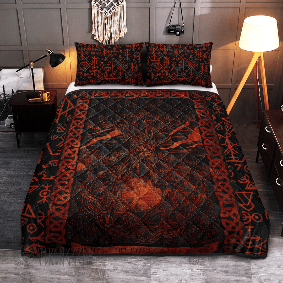 Theonederland - Yggdrasil Red Design On Black Viking Quilt Set