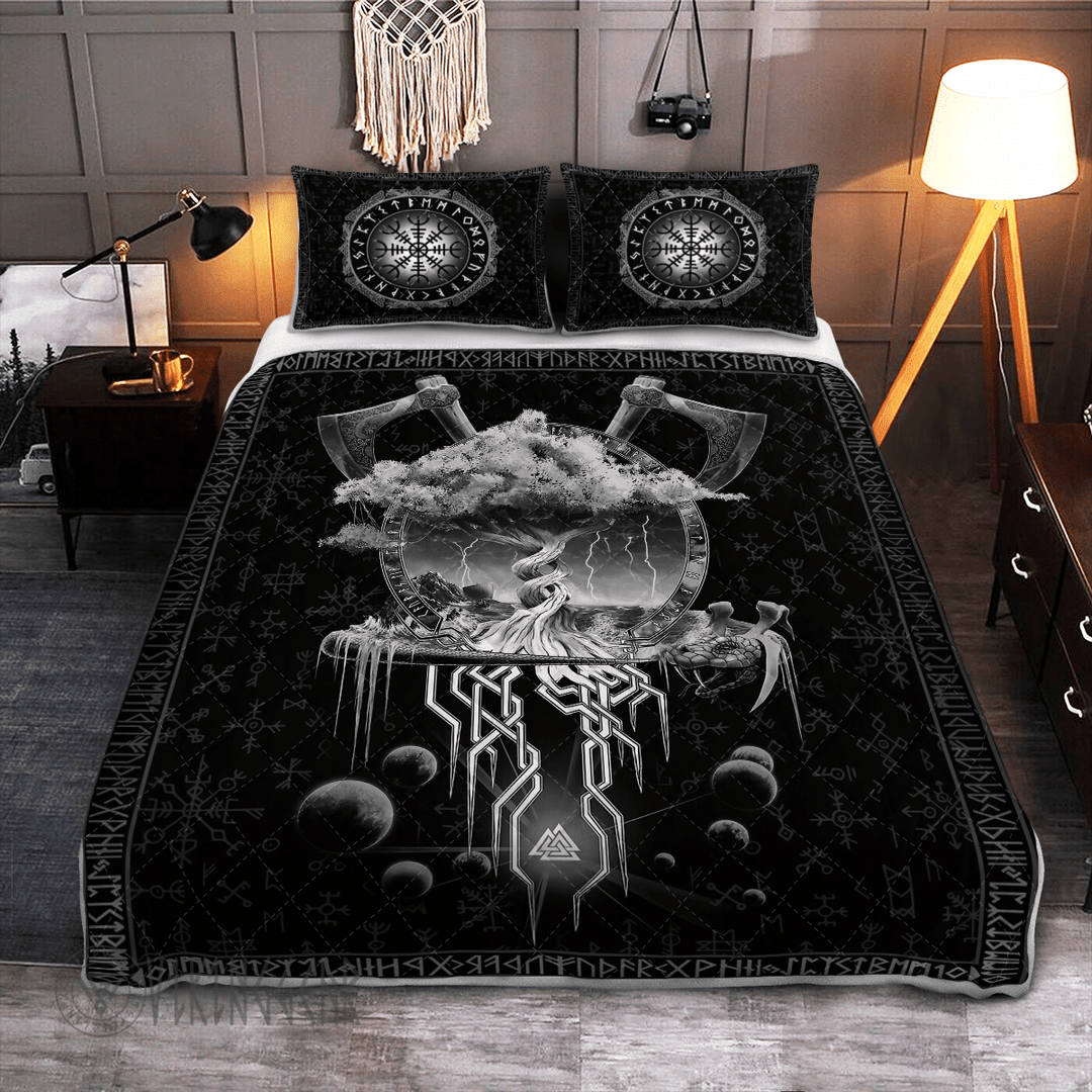 Theonederland - Yggdrasil With Axe And Norse Symbol Viking Quilt Set
