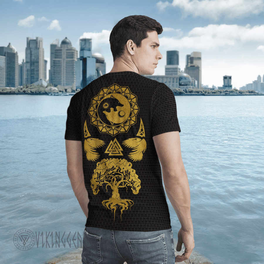Theonederland - Yin Yang Wolf Raven Yggdrasil Gold Viking T-Shirt - Image 3