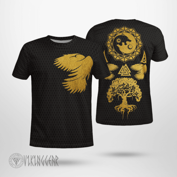 Theonederland - Yin Yang Wolf Raven Yggdrasil Gold Viking T-Shirt - Image 4